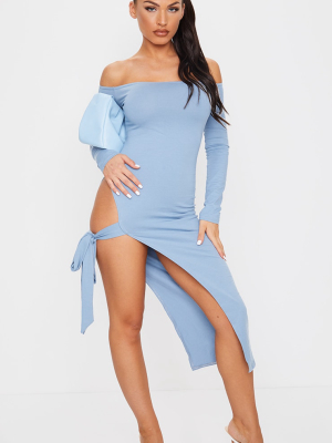 Blue Cotton Bardot Extreme Split Detail Midi Dress