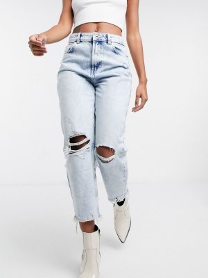 Bershka Ripped Mom Jean With Distressed Hem In Light Blue