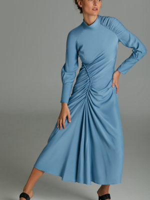 Ruched Crepe Long Sleeve Midi Dress