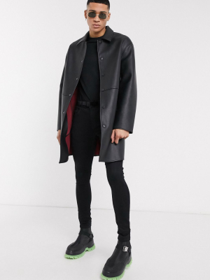 Asos Design Trench Coat In Faux Leather With Contrast Lining