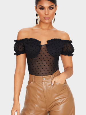 Black Sheer Polka Dot Bardot Frill Short Sleeve...