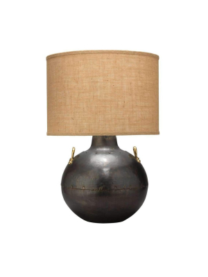 Two Handled Kettle Table Lamp In Iron With Classic Drum Shade In Natural Burlap
