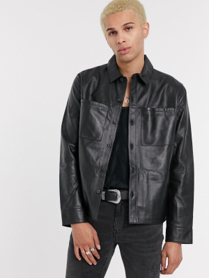 Asos Design Leather Overshirt In Black
