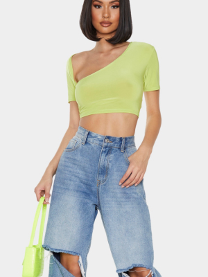 Green Slinky Asymmetric Short Sleeve Crop Top