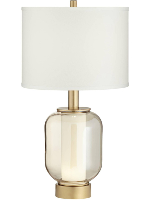 Possini Euro Design Modern Table Lamp With Nightlight Led Warm Brass Champagne Glass Off White Drum Shade For Living Room Bedroom