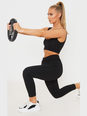 Black Rib Waist Sport High Waist Cropped Legging