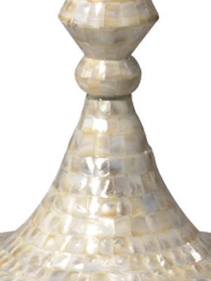 Jamie Young Ornate Pillar Floor Lamp In Mother Of Pearl With Large Open Cone In White Linen