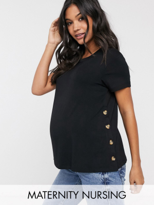 Asos Design Maternity Nursing T-shirt With Button Side In Black