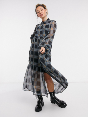 Noisy May Tiered Maxi Shirt Dress In Navy Check