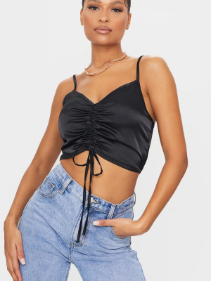 Black Satin Ruched Front Crop Top