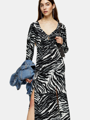 Tall Black And White Zebra Ruched Sleeve Midi Dress