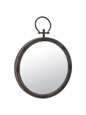 15.7" Round Metal Wall Mirror With Rivet Trim Dark Gray - Stonebriar Collection