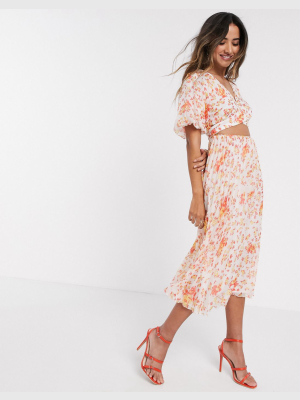 Asos Design Wrap Around Pleated Midi Dress In Floral Print