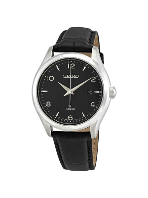 Seiko Solar Date Black Dial Black Leather Men's Watch Sne495