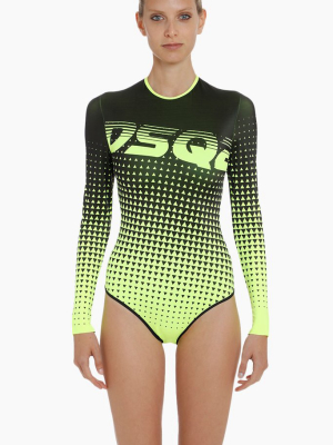 Ombre Dotted Long Sleeve One Piece Swimsuit - Neon Yellow/black