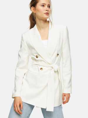 Ivory Belted Double Breasted Blazer