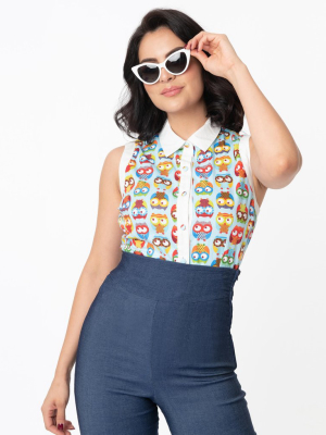 Unique Vintage Light Blue & Multicolor Owl Print Rochester Top