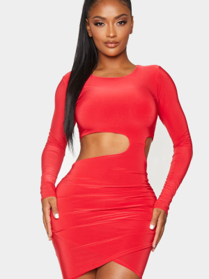 Shape Red Slinky Long Sleeve Cut Out Bodycon Dress