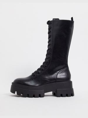 Pull&bear Lace Up Boot With Cleated Sole In Black