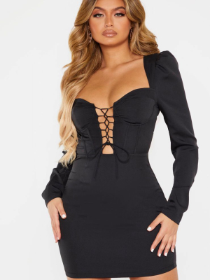 Black Lace Up Cup Detail Long Sleeve Bodycon Dress