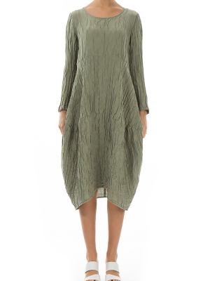 Balloon Crinkled Olive Silk Linen Dress