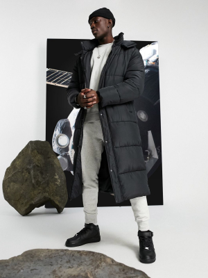 Asos Design Floor Length Puffer Jacket With Detachable Hood In Black
