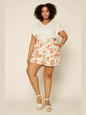 Plus Size - Floral Linen Shorts