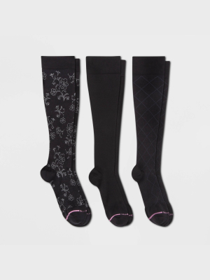 Dr. Motion Women's Mild Compression 3pk Knee High Socks - Black Patterns