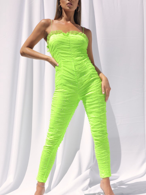 Neon Lime Polka Dot Ruched Mesh Jumpsuit