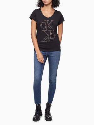 Studded Mirror Monogram Logo V-neck T-shirt