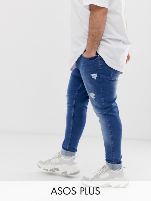 Asos Design Plus Spray On Jeans With Power Stretch In Mid Wash Blue With Abrasions