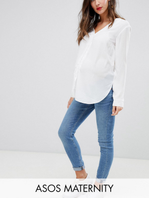 Asos Design Maternity High Rise Ridley 'skinny' Jeans In Pretty Mid Stonewash Blue With Under The Bump Waistband