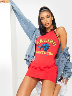 Red Malibu Slogan 90s Halterneck Bodycon Dress