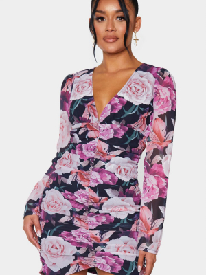 Pink Floral Print Ruched Front Long Sleeve...