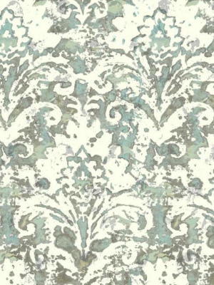 Batik Damask Wallpaper In Blue-grey From The Impressionist Collection By York Wallcoverings