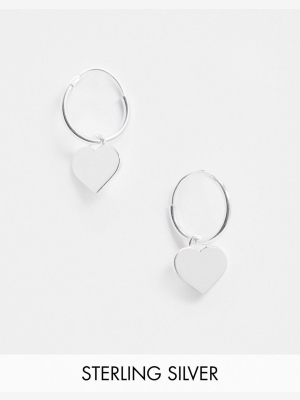 Asos Design Sterling Silver Hoop Earrings With Solid Heart Charm