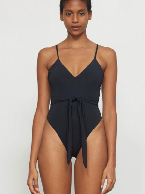 Sexy Solid High Leg Belted One Piece Swimsuit