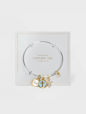 Silver Plated Two-tone "faith" Enamel Charm Bangle - Silver