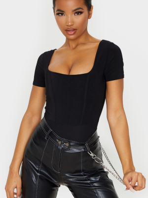 Black Slinky Boned Short Sleeve Bodysuit