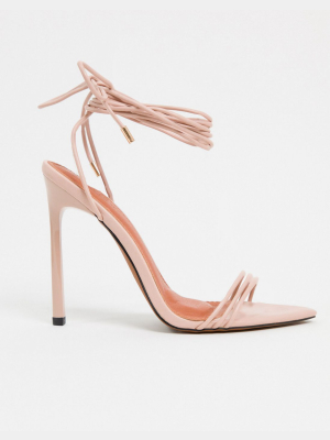 Asos Design Nadine Tie Leg High Heeled Sandals On Pointed Insole In Beige