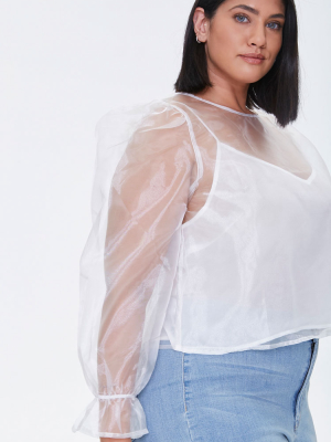 Plus Size Sheer Organza Puff Sleeve Top