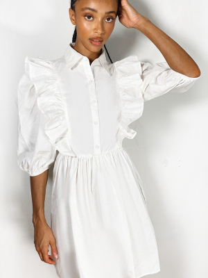 White Ruffle Detail Puff Sleeve Smock Shirt Dress