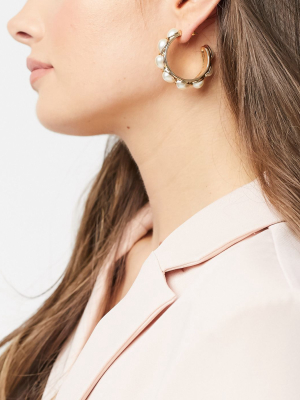 Asos Design Hoop Earrings With Teardrop Pearls In Gold Tone