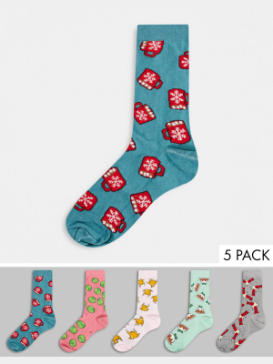 Asos Design Ankle Socks With Christmas Dinner Design 5 Pack