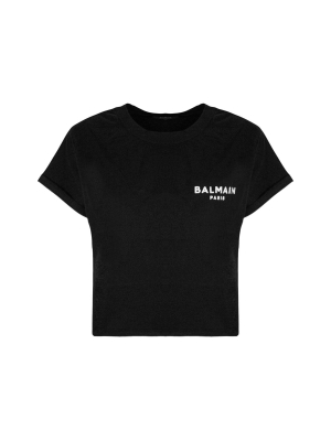 Balmain Logo Print Crewneck Cropped T-shirt