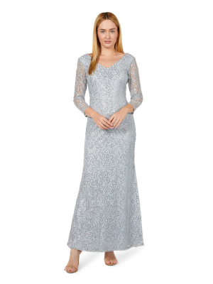 Marina Illusion Long Sleeve V-neck Long Gown