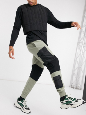 Asos Design Skinny Sweatpants With Utility Cargo Color Blocking In Khaki & Black