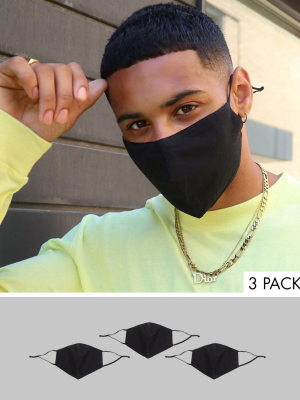 Asos Design 3 Pack Face Coverings With Adjustable Straps And Nose Clip In Black