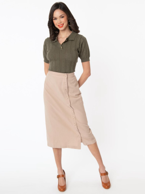 Retro Tan Button Up Fitted Midi Skirt