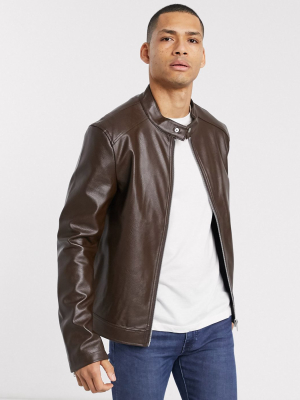 Asos Design Faux Leather Racer Jacket In Brown